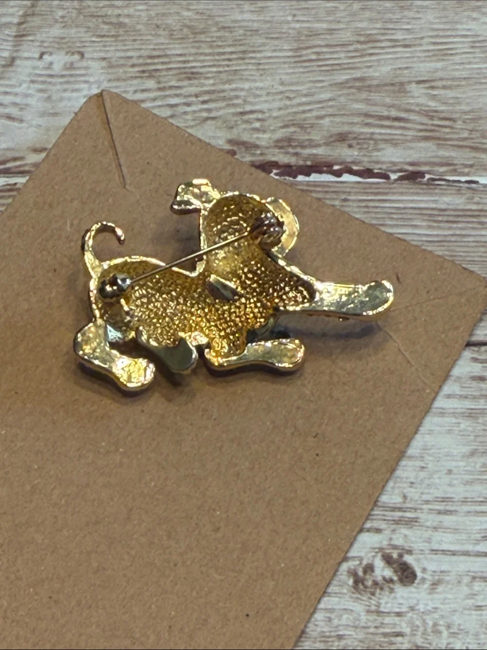 Vintage Rhinestone Gold Tone Puppy Brooch with Green eyes lapel pin whimsical